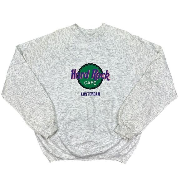 Vintage Hard Rock Amsterdam Heather Gray Sweatshirt Crewneck Embroidered Large - Picture 1 of 7